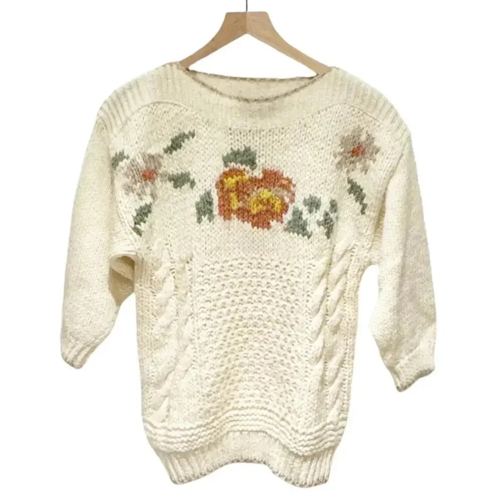 Retro Handmade Small Knit Chunky Grandmacore Granny Sweater Floral Cottagecore